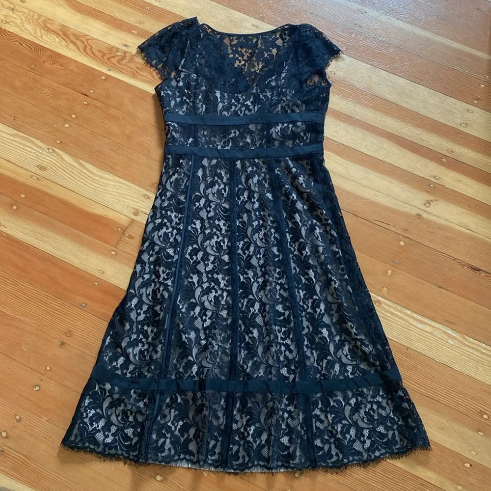 Loft Elegant Black Lace Overlay Cocktail Party Wedding Formal LBD Dress 12‎